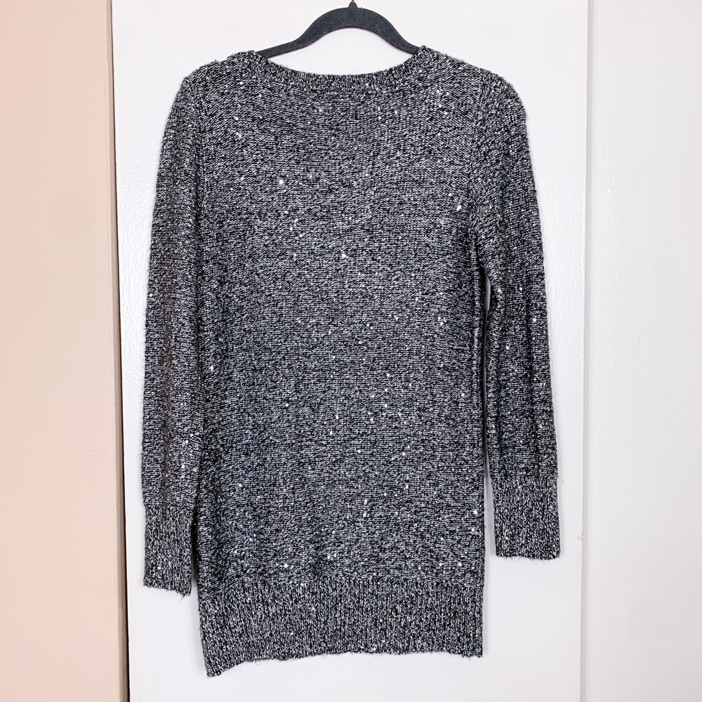 White House Black Market Silver Sparkle Sequin V-Neck Sweater - Picture 5 of 5